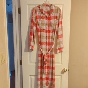 New York & Company Red and Tan Long Sleeve Dress